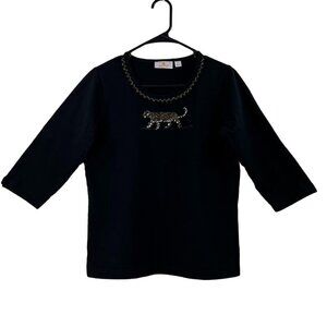 Quacker Factory Womens Black Beaded Panther 3/4 Sleeve Top Size S 100% Cotton